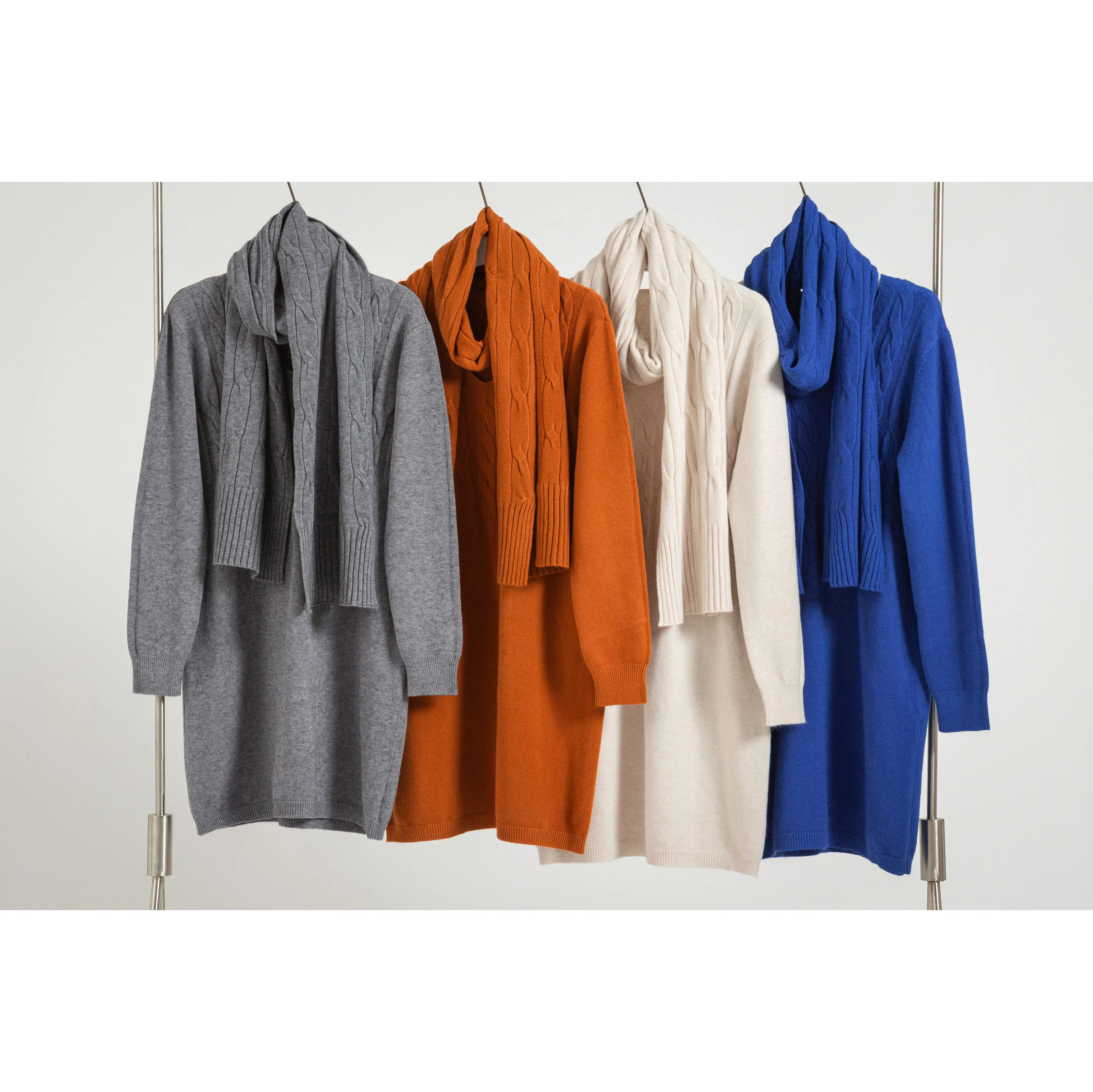 Winter Fashion Loose Causal Crew Neck Clothing Sets Women Knit Sweater Dress + Scarf (2 PCS)