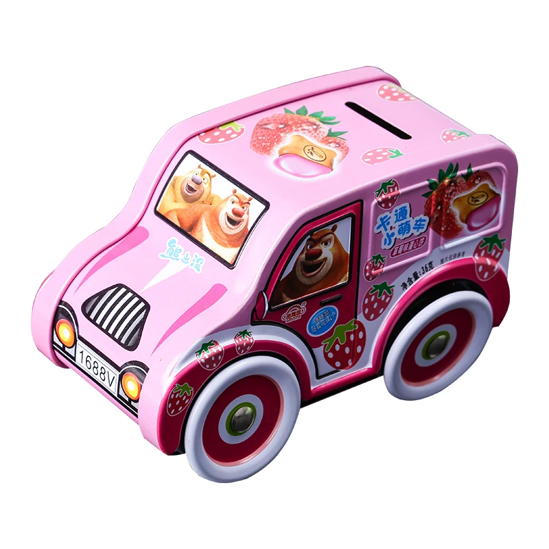 Make to order Car Shape Piggy bank Tin Box with Printing Custom Children candy toy metal box