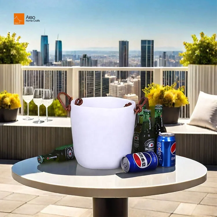 Handmade Solid White Polyresin round Wine Ice Bucket with Aqua Swirl Pattern for Home Hotel Bar or Party Ceremonies