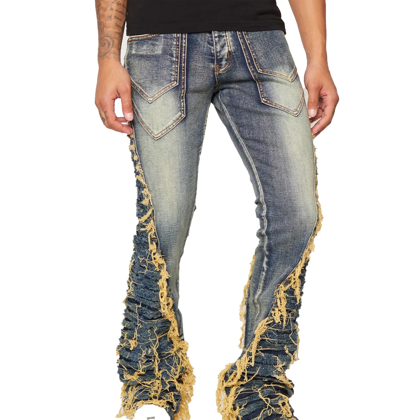 OEM manufactory Hot Sale Fitted Shinny Wide Leg Stacked Ripped Denim Jeans Pants
