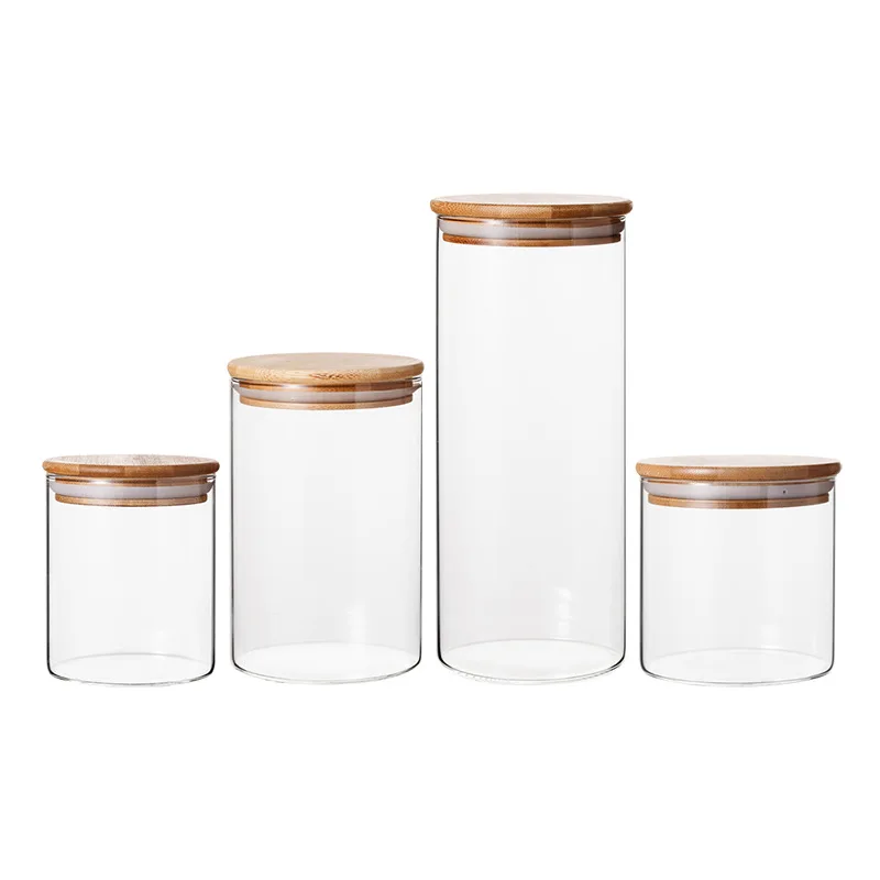 Hot Sell Clear Airtight Glass Storage Jar With Bamboo Bamboo Lid And Clamp Airtight Food Jar For Pantry Glass Bottle Packaging