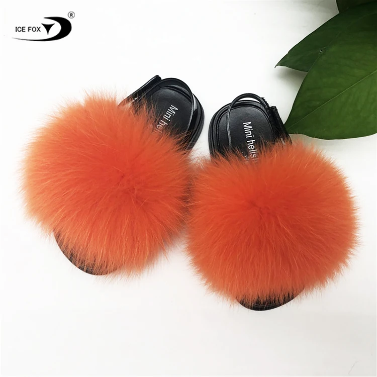 
Wholesale Soft Fox Racoon Toddler Baby Kids Fur Slides Real Fur Slippers Baby Fur Sandals 