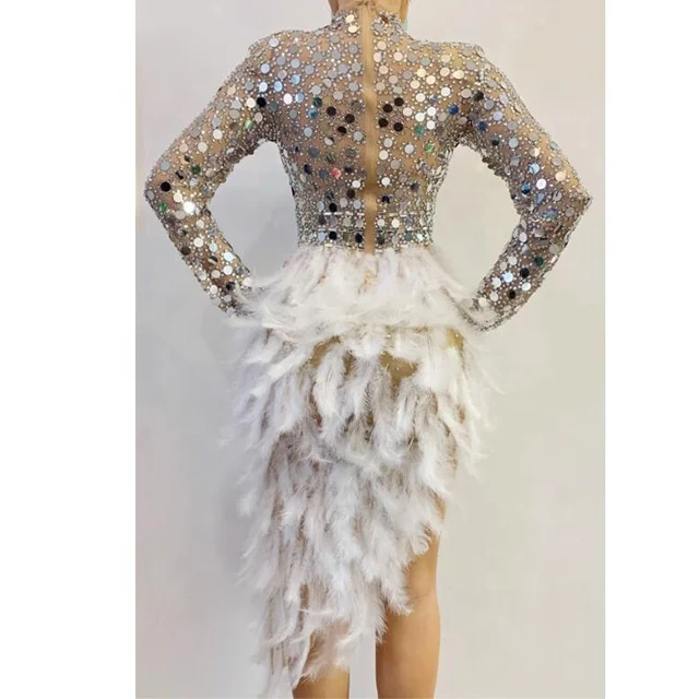 Sparkly Women Birthday Celebrate Wedding Bar DS Latin Dance Dress Silver Sequins Feather Dresses