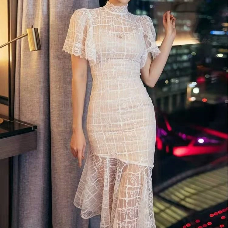 2022 spring and summer banquet white temperament slim-fit lace dress with fishtail ruffled sleeves