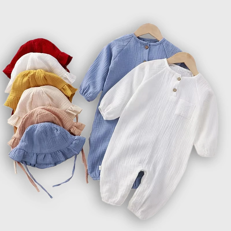 OEM 100% Cotton Wrinkling Gauze Baby Pajamas Many Colors Baby Clothes boys 0-3 month Long Sleeve Anti-slip Design baby romper
