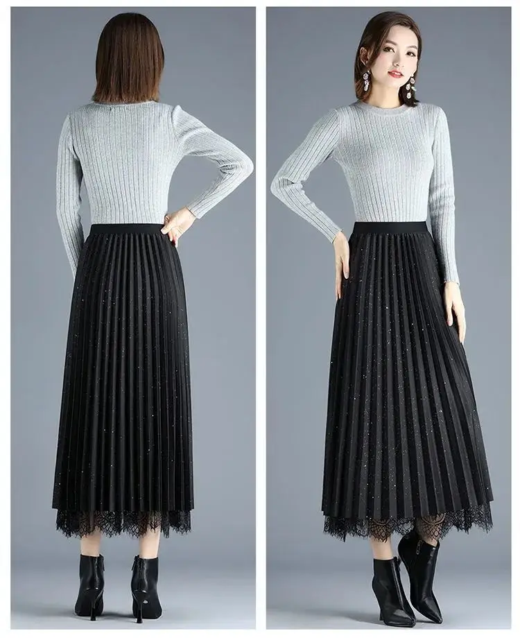 ecowalson Reversible Women Tulle  Korean Mesh A Line Ladies Pleated Skirt High Waist Black Evening Party  Lace Ruffled Skirt