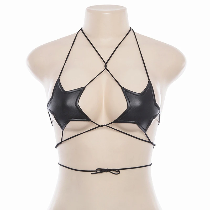 Gothic Black String Pentagram Lace Up Micro Bikini Top Hollow Out Backless Swim Top Summer Vacation Sexy Punk Women Swimwear