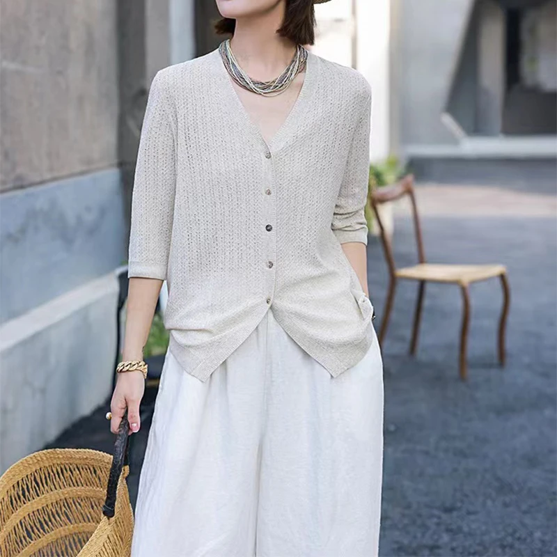 Knitted Sweater Cardigan Soft Elegant V-neck Long Sleeve Wholesale Linen for Women Casual Standard Embossed Embroidered Spring