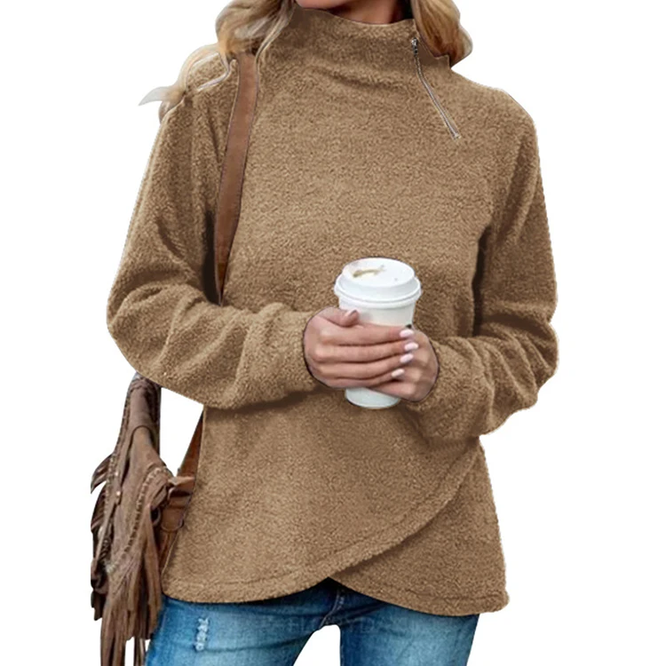Custom Casual Women Sweaters Zipper Turtleneck Irregular Hem Pullover Double Sided Fleece Female Tops Jumper