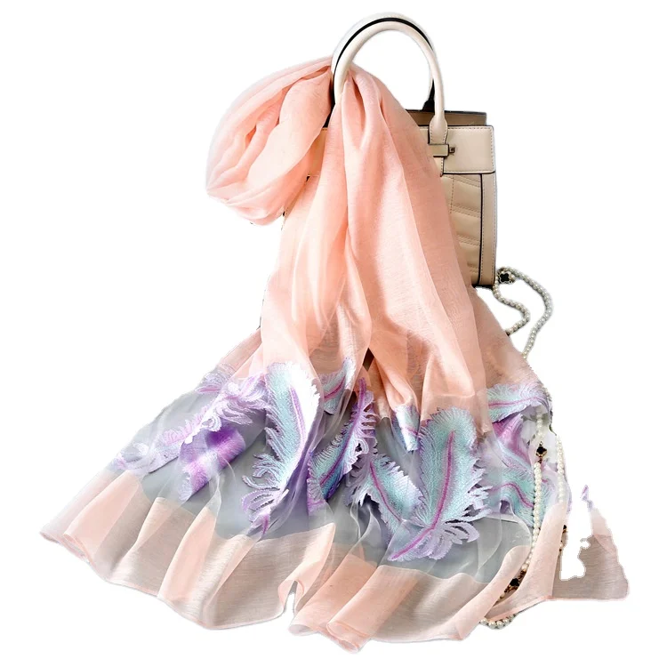 
Summer embroidered sunscreen shawl autumn and winter ladies gift silk scarf new Ogen yarn solid-colored silk scarf 