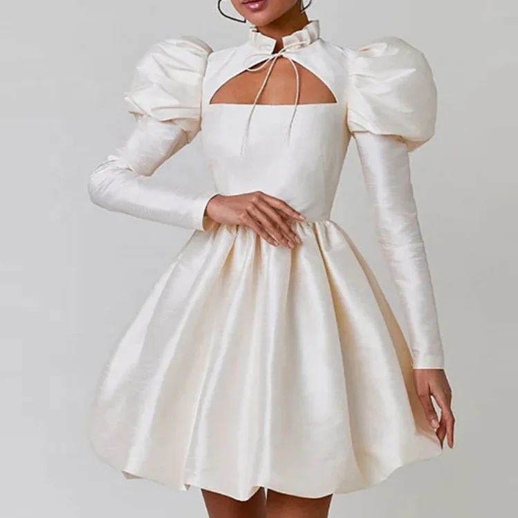 custom designer fashion summer elegant modest wholesale one piece lady cut out puff sleeve satin Prom Female mini dress women