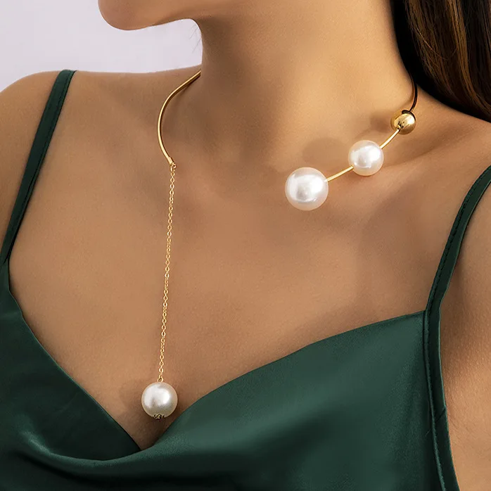 2024 Simple geometric round bead collarbone chain design choker collar open  pearl necklaces and earrings  set custom acceptable