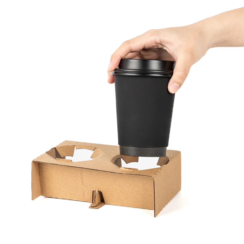 LOKYO custom cardboard beverage holder brown takeaway paper carrier tray disposable kraft paper cup holder