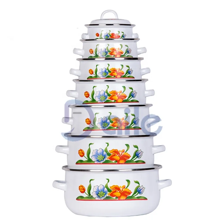 Hot selling good quality 7pcs kitchenware chic decals enamel pot casseroles set