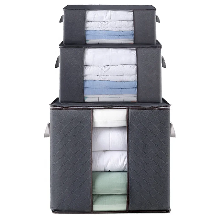 Breathable Wardrobe Organizer Bag with Handle Clear Window Quilt Non-woven Clothing Storage Bags Grey Square 7 Wire Basic
