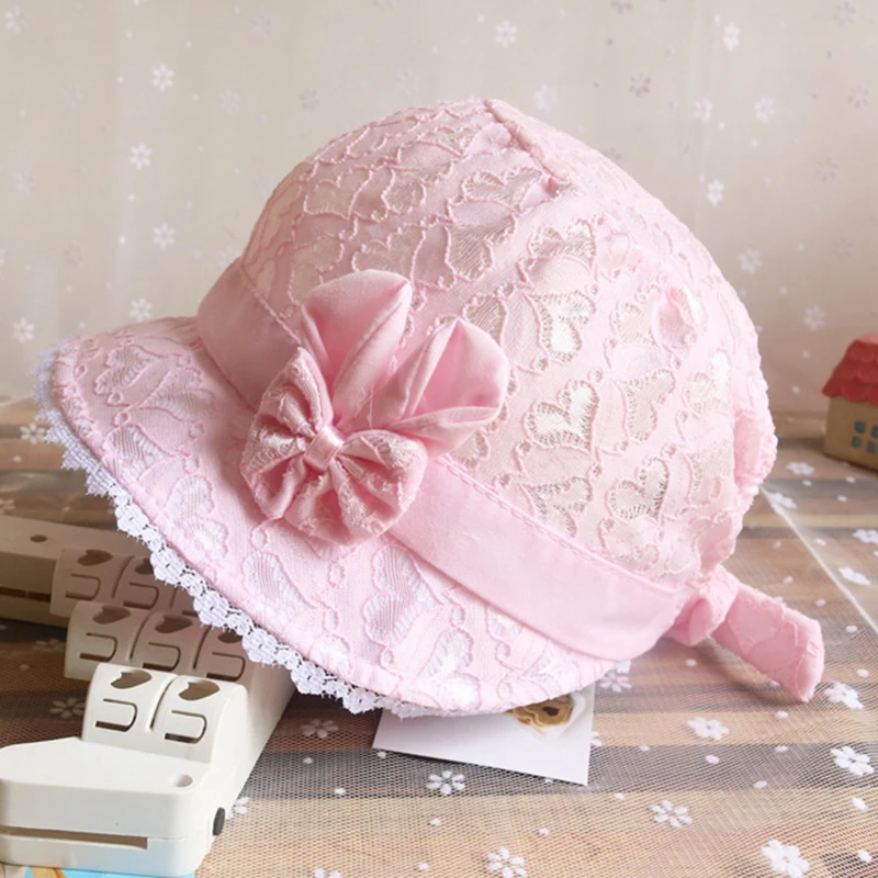 Cute Princess Baby Hat With Bow Solid Color Lace Hollow Baby Girl Cap Toddler Kids Beach Bucket Hats Girls Sun Hat