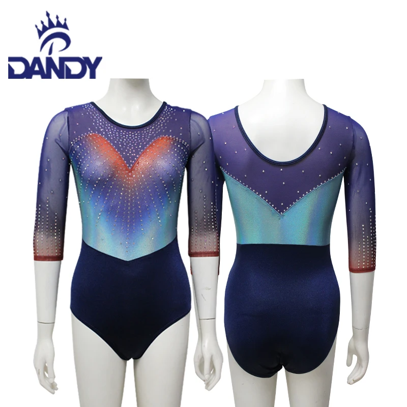 Dandy custom sublimation shiny sexy girl 3/4 sleeves rhinestone ombre leotard gymnastics leotard