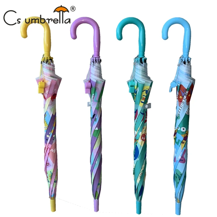 YS-6016 Kids Umbrella With Whistle Dinosaurs Cartoon Printing Match color Handle And Tips Straight POE Umbrella For Kids