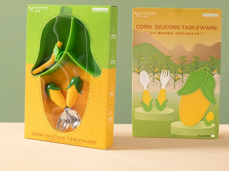 New Style Baby Feeding Tableware Box Set Gifts Baby Silicone Plate Spoon & Fork and Detachable Straw Set