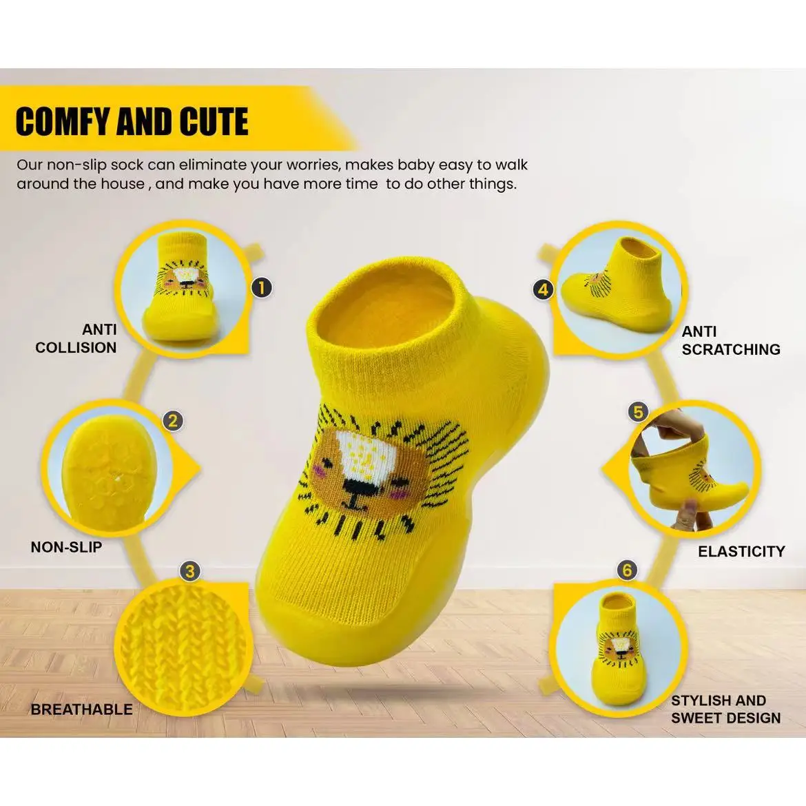 Wholesale Baby Girls Boys Indoor Rubber Sole First Walker Shoes Slip On Animal Print Sock Floor Shoes For Toddler