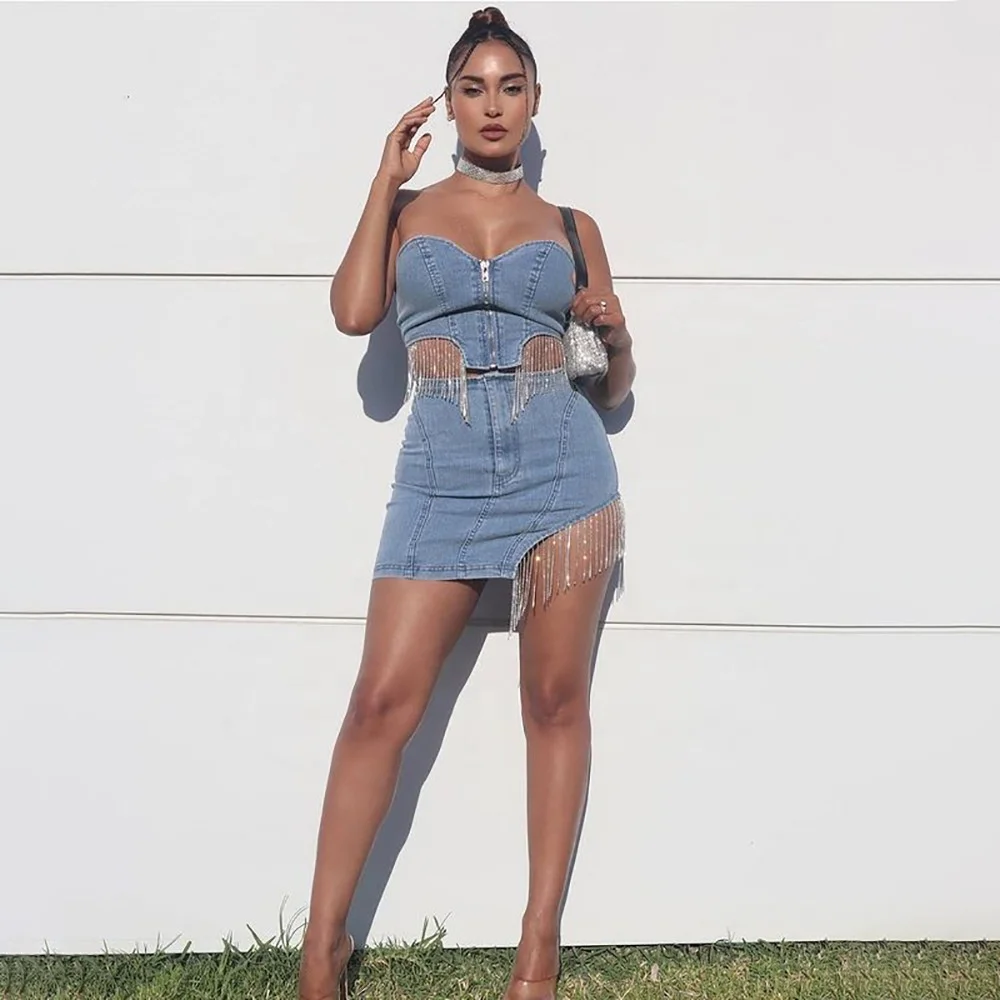 LW 2022 new arrival denim rhinestone tassel zipper wrapped top and skirts summer two piece outfits for women 2 piece skirt set