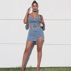 LW 2022 new arrival denim rhinestone tassel zipper wrapped top and skirts summer two piece outfits for women 2 piece skirt set