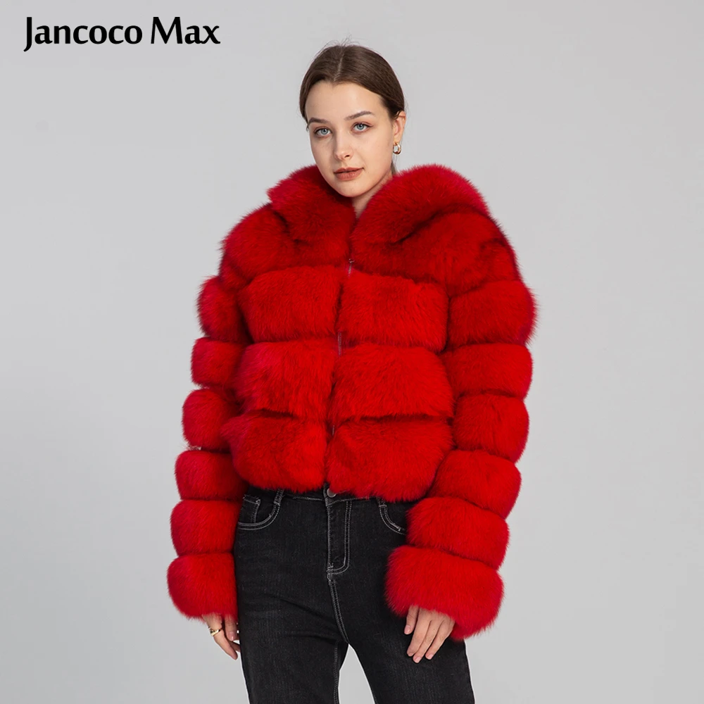 Red Color Warm Thick Long Sleeve Fur Jacket Winter Real Fox Fur Coat Women with Hood