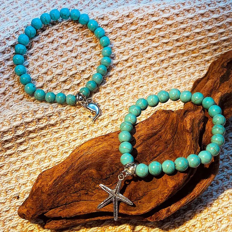 QW-127 Turtle Bird Eye Round Cross Owl Pendant Hand Jewelry Metallic Alloy Metal Elastic Ethnic Green Turquoise Beads Bracelet