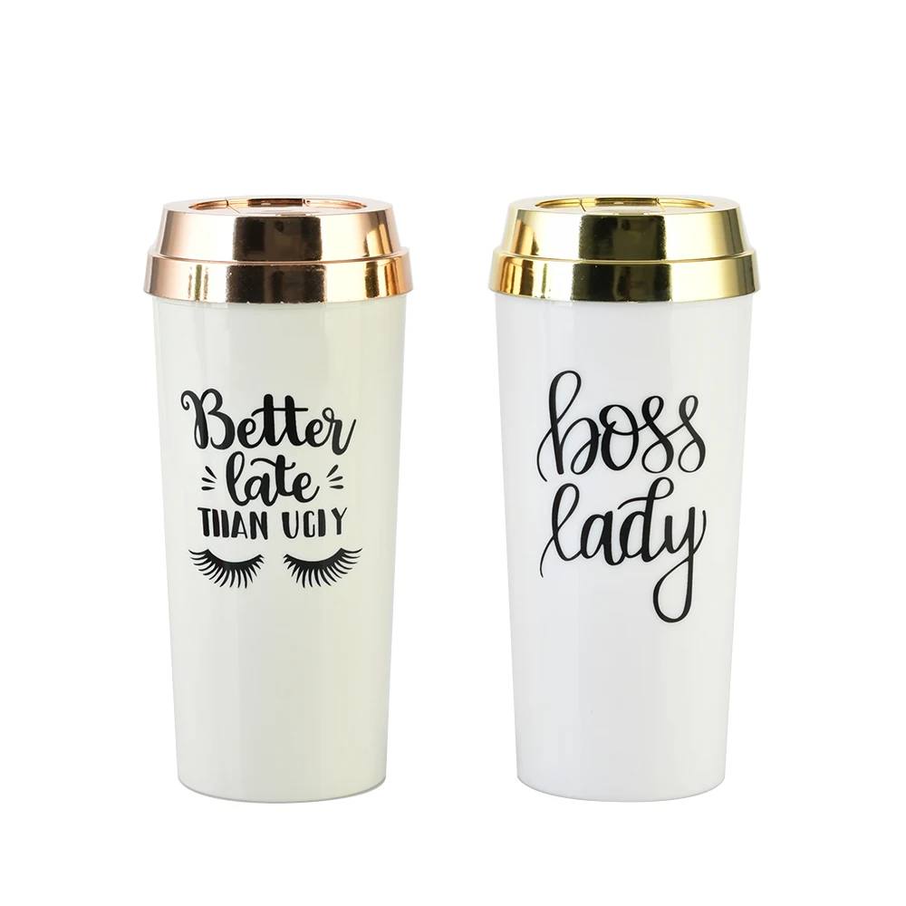 High quality 16 Ounce Insulated Travel Mug, White/Gold Double Wall Thermal Tumbler for Coffee/Tea