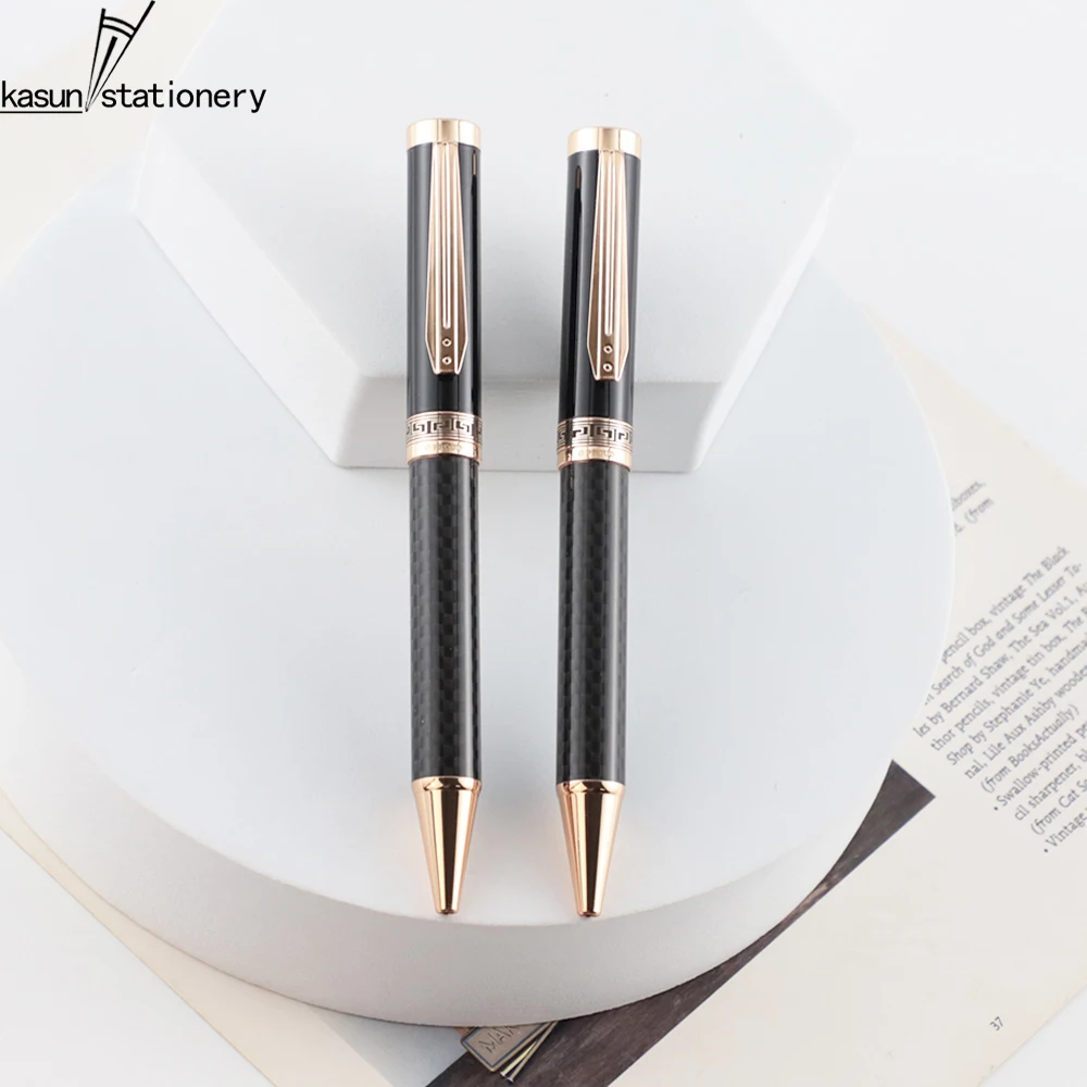 Heavy Luxury Rose Gold Metal Carbon Fiber Ball Point Pens with Engraved Pattern on the Middle For a VIP Gift