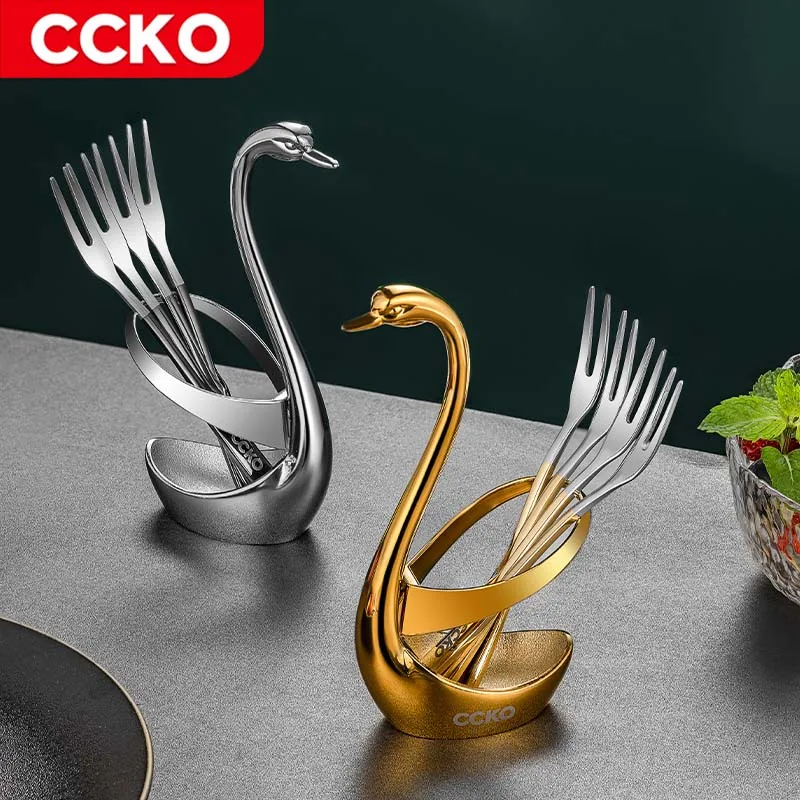 2022 Luxury Gold Swan Base Ornaments Flatware Fruit Fork Spoon Holder Storage Stand For Kitchen Dining Party Picnic Decoration