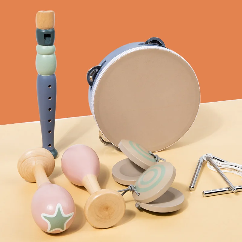 Wholesale Musical Instrument Set Wooden Tambourine 5 pcs Wooden Toddler Musical Instrument Toy For Kids Preschool Percussion