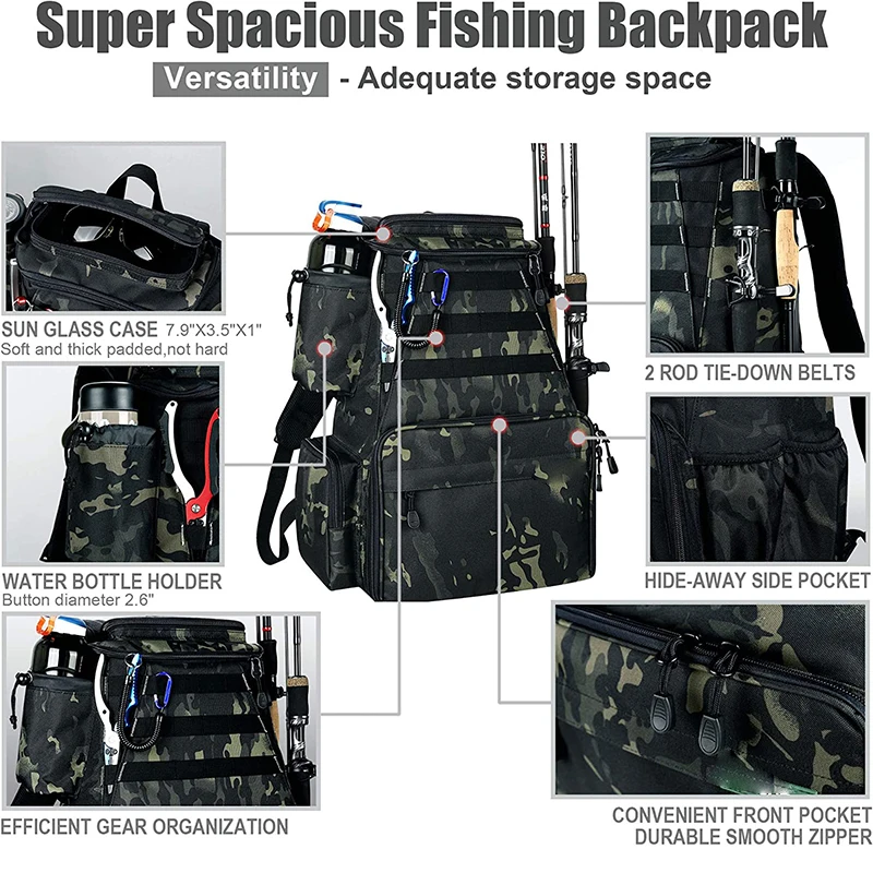 Multifunctional Oxford Nylon Fishing Tackle Backpack with Rod Holders Trout Fishing Outdoor Sports Camping Hiking Storage Bag
