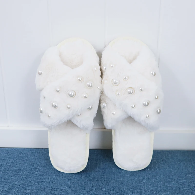 Women Fluffy Slippers Summer 2023 Warm Faux Fur Cross Flip Flops Indoor Pearl Floor Slides Soft Flat Furry Sandals