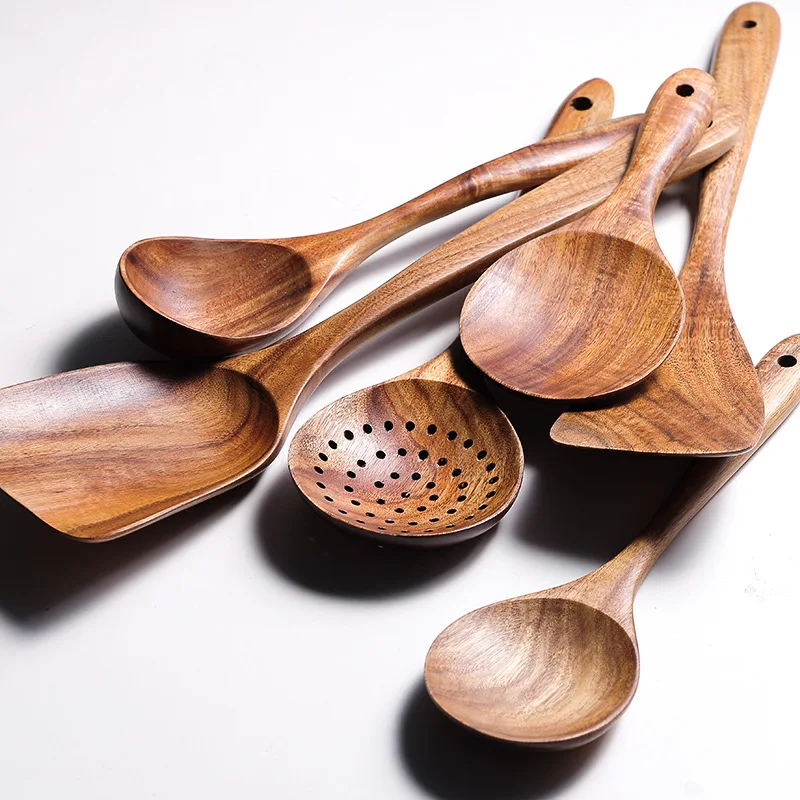 Amazon Hot Selling Kitchen Acacia Wood Utensils Set Eco Friendly Cooking Tools skimmer Spoon Spatula Teak Wooden With Holder