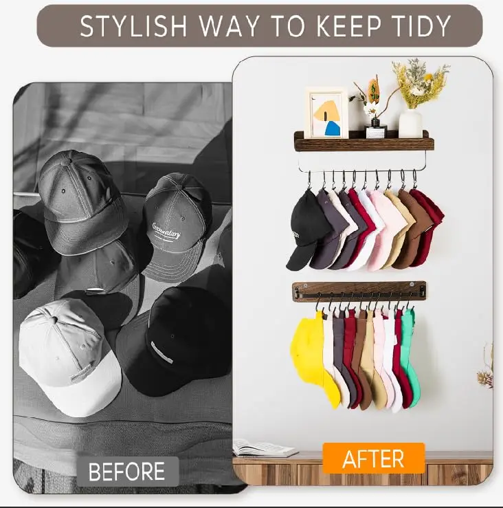 Ikass Floating Wood display storage shelves Wood Wall Mounted Shelves with Hanging Hooks for Bathroom Bedroom Living Room