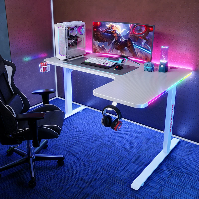 YZ New Modern Custom Portable Adjustable L Shape RGB LED Lights Computer PC Gamer Gaming Table Desk