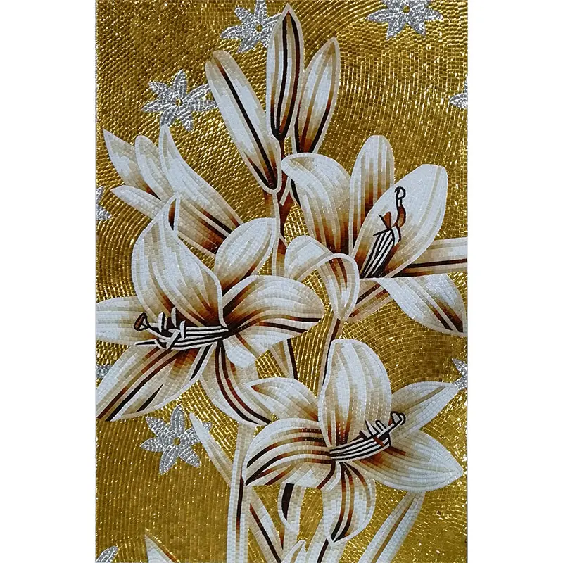 Classic Luxury Hand cut Gold Lily Flower Art Pattern Decorative Crystal Glass Mosaic Mural Tile Pictures