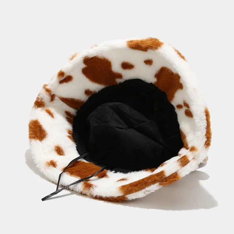 Fashion Animal Horn Cute Women Girls Winter Cow pattern print fishman hat Plush Fuzzy Cow Fluffy Bucket Hat Fur