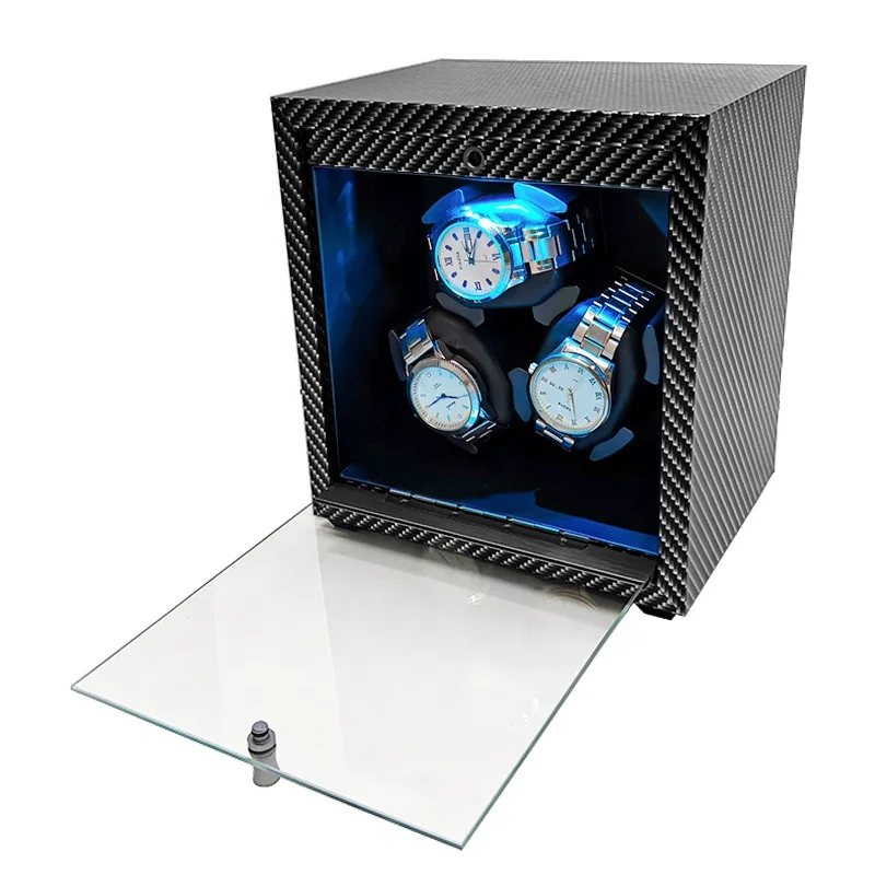 New Arrival 2 3 4 Slot Automatic Carbon Fibre PU Leather  Watch Winder Storage Blue Light Control Made  Watches Packaging Case