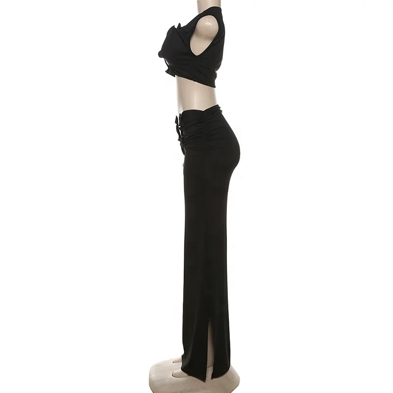 Summer Sleeveless Irregular Hollow Out Crop Top Long Maxi Skirt Sexy 2 Piece Outfits Set Matching Skirt And Top Set For Women