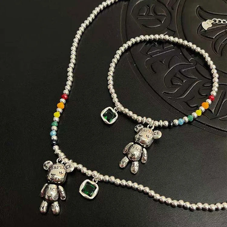 S925 Sterling Silver Colored Beads Love Peace Bear Bracelet and Necklace for women