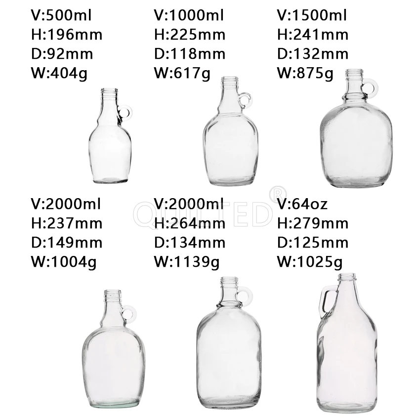 Wholesale Large Clear Amber 500ml 1L 1.5L 64oz 2L 5L Glass Wine Bottle With Handle For Beer Wine Olive Oil for Sale