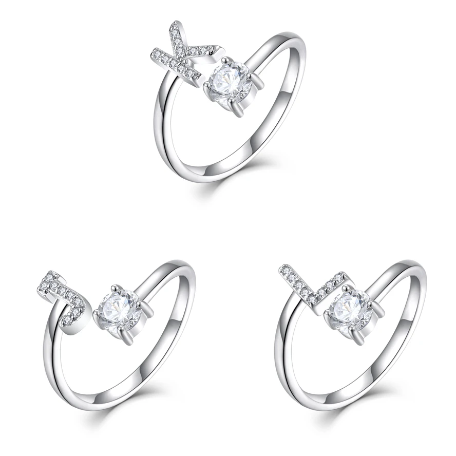 Wholesale Women Men Letter Ring Classic Rhodium Plated 925 Sterling Silver White Cubic Zirconia Open Cuff Ring
