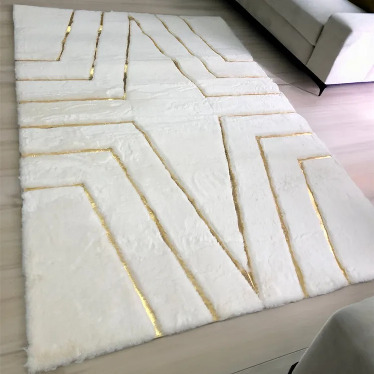 Soft Plush Shaggy Rug carpet Large White and Gold Fluffy Rug area Geometric Plush White Gold Faux Leather Living Room Rug