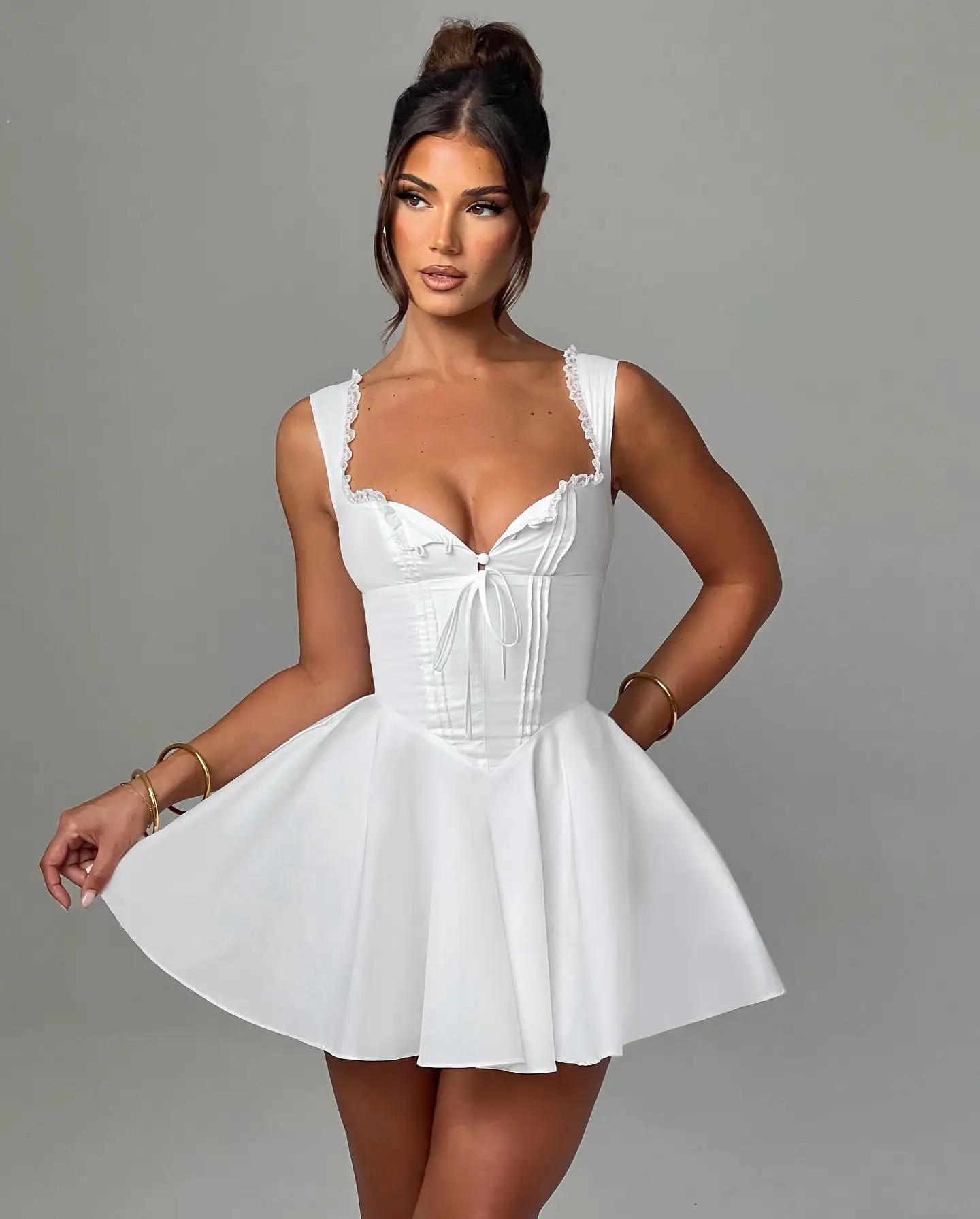 OEM 2024 Custom Clothes Women Summer Lace Edge Lady Casual Dress Fashion Corset Elegant Splice Short Length Mini Summer Dress