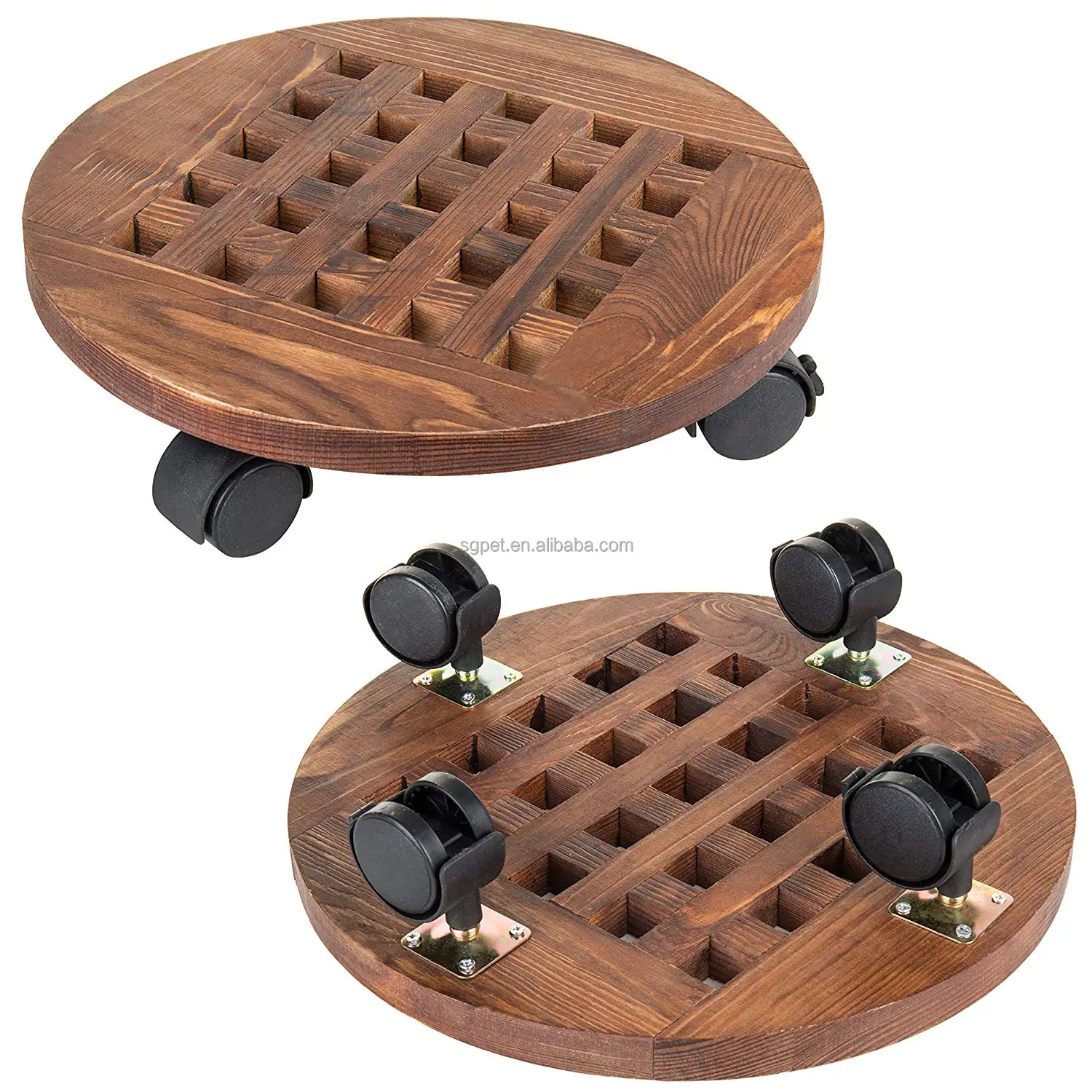 Wholesale customize Gridding  Round Wooden plant mover with wheels, Plant pot Trolley  Wooden Trolley
