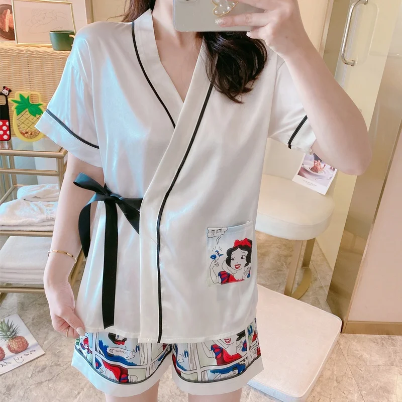 
Spring summer new short sleeved trousers women printed home wear suit lapel simple natural imitation silk pajamas 