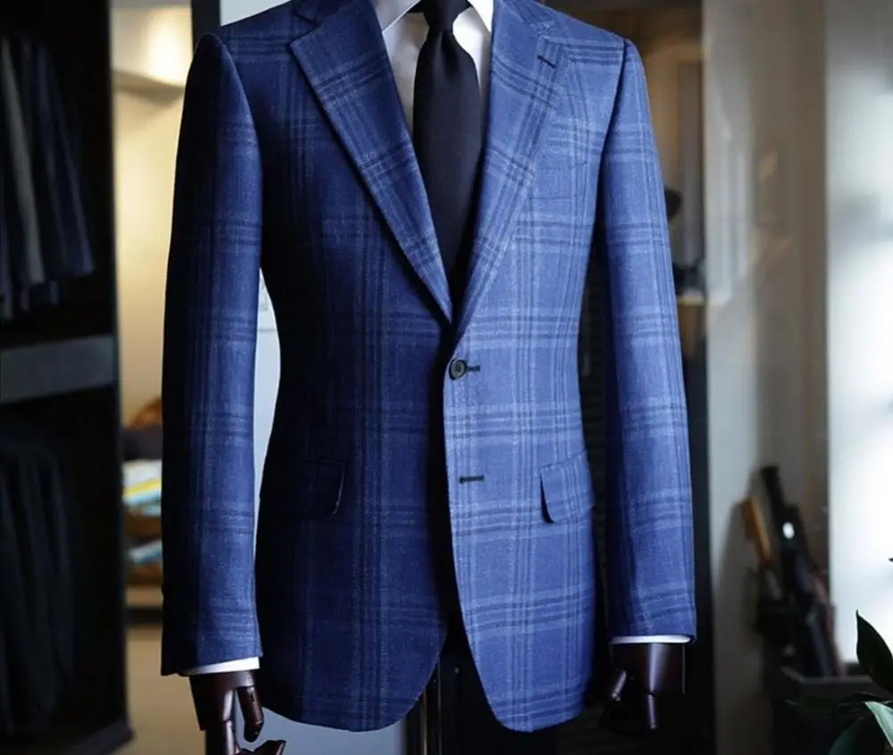 2019 High Quality Business Suits Formal Navy Plaid Men Suits