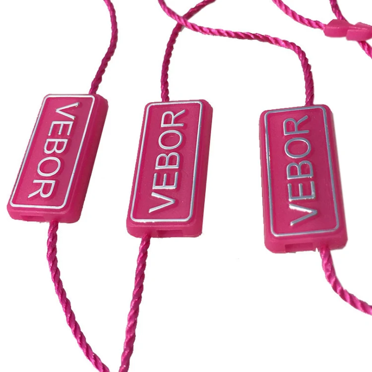 Cheap Custom Embossed Printed Brand Name Logo Garment Hang Tag Lock Seal Fastener with Nylon Rope String